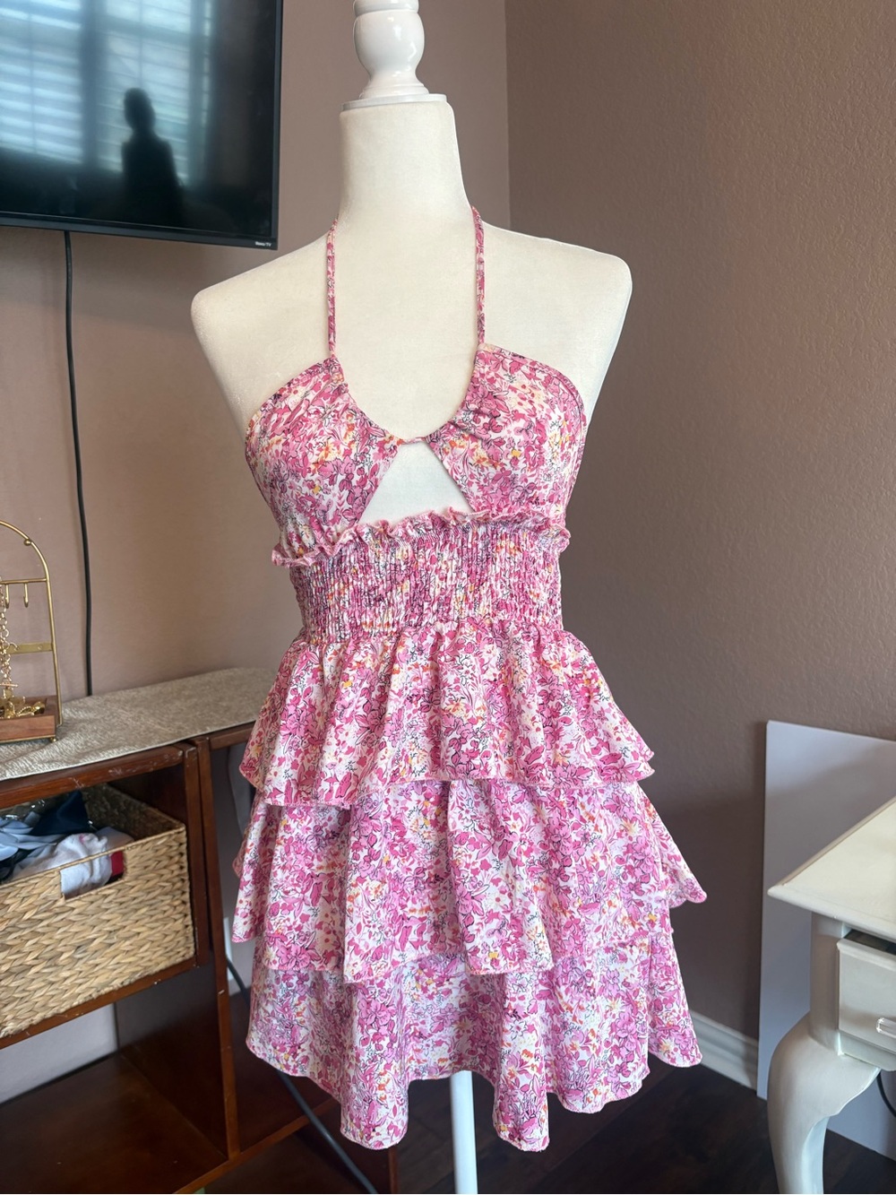 Pink Floral Halter Tiered Mini Dress